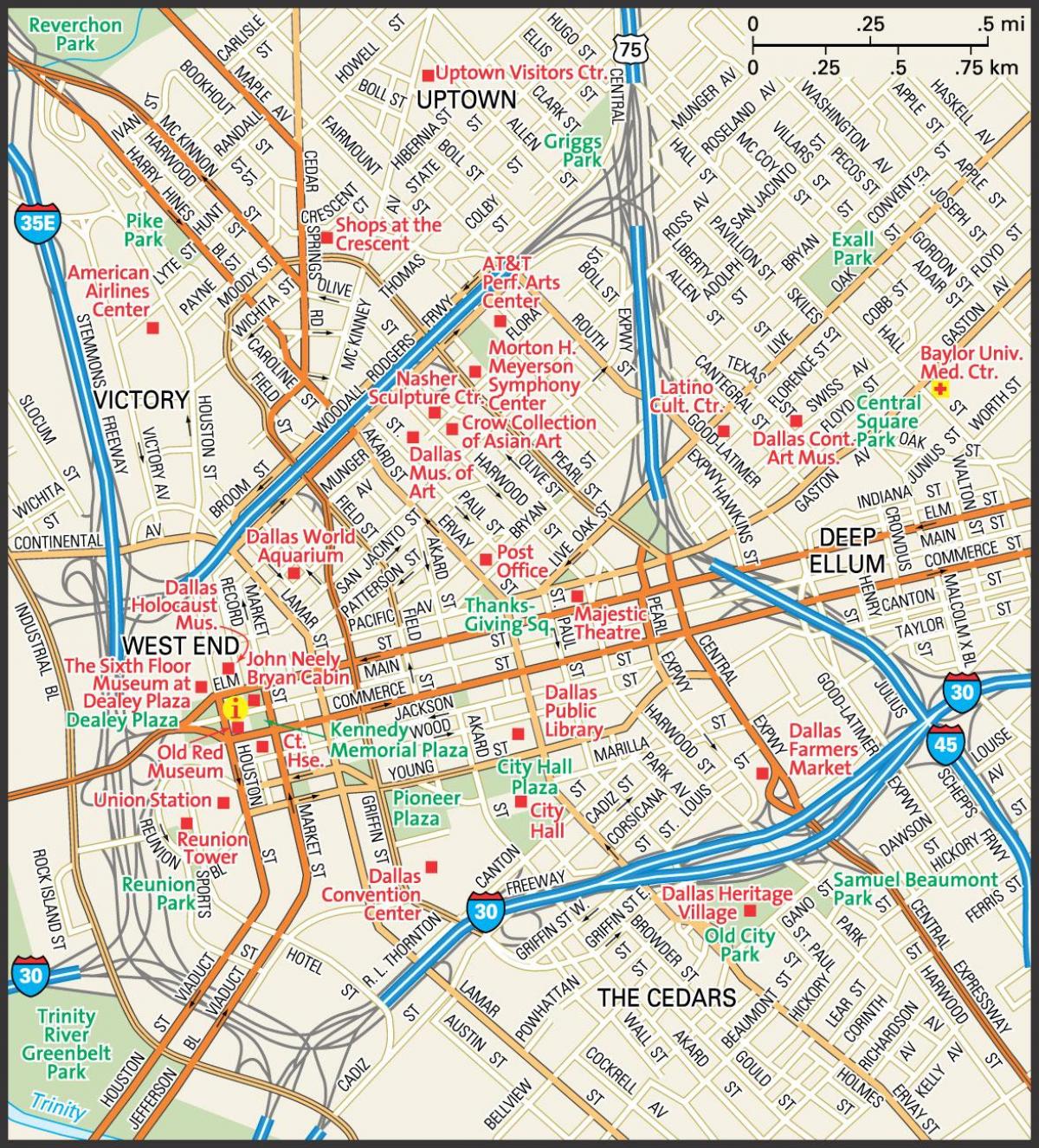 carte du centre-ville de Dallas rues